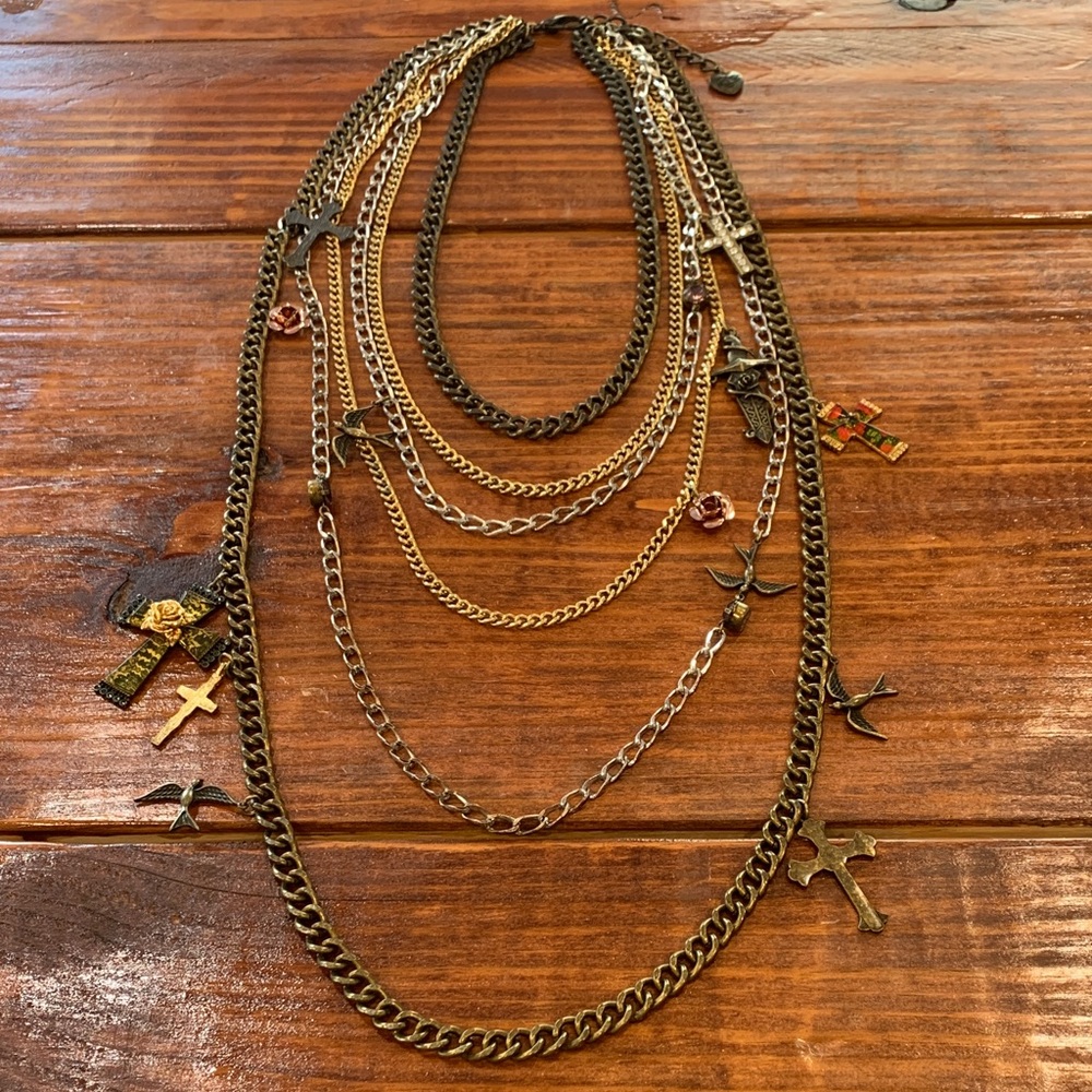 Rare Vintage Y2K Betsey Johnson Rocker Chic Multi-Strand Cross Charm Necklace
